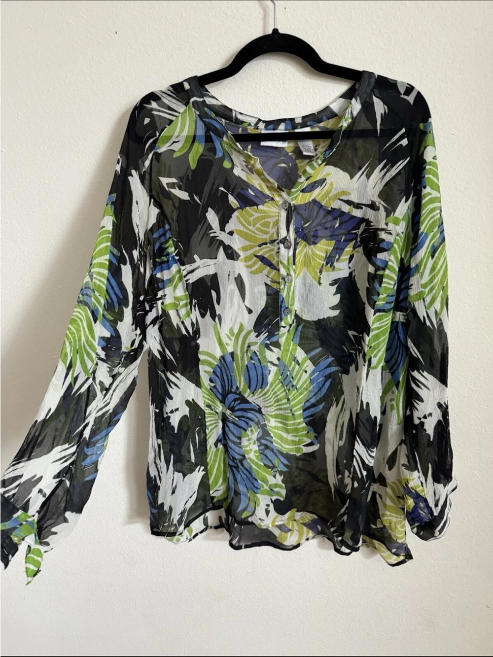 Chicos Black Green Blue Tropical Floral Silk Button Top Size XL
